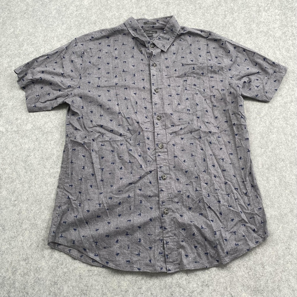Eddie Bauer Shirt Mens Large Gray Fishing Print Short Sleeve Button Up Casual